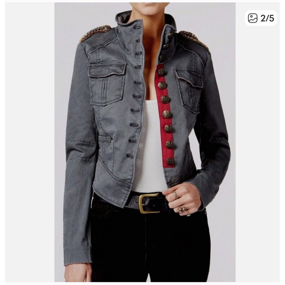 Free People Military Band Jacket Gray Cropped Blazer Epaulettes & Brass‎ Buttons - Picture 7 of 12
